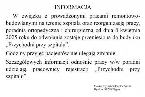 Zmiana lokalizacji Poradni Chirurgicznej i Ortopedycznej