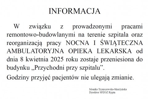 Zmiana lokalizacji Nocnej i Świątecznej Ambulatoryjnej Opieki Lekarskiej